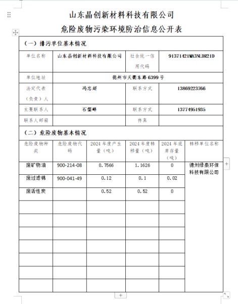 危险废物污染环境防治信息公开表